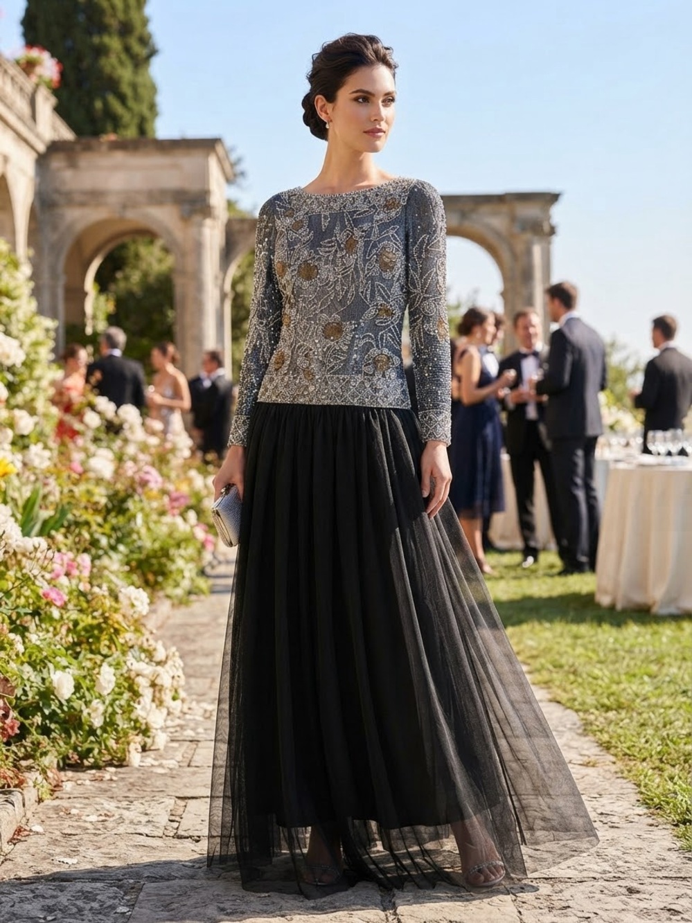Beaded Black Maxi Dress with Embroidered Silver Bodice